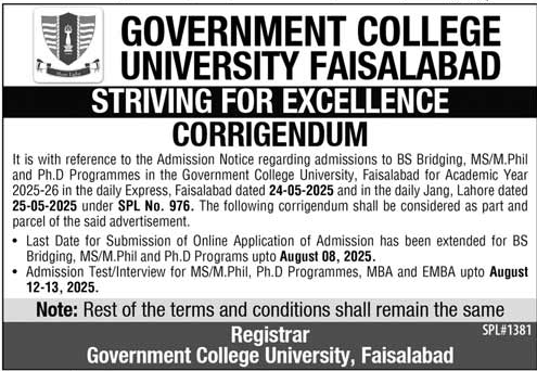 Admission open in Government College University Faisalabad